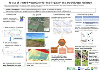 CR = 85.7mm
CR = 316.6mm
Re-use of treated wastewater for sub-irrigation and groundwater recharge
Crop growth
Soil moisture Groundwater recharge Groundwater quality
• Effluent of RWZI Kinrooi is supplied to drainage system (4 blocks, drains at 1m depth with 4m spacing)
• First operation in 2022 season: 18 000m³ infiltration on 2.3ha (15 500m³ was applied between June 1st and August 31st)
1. Model assuming no sub-irrigation
2. Best fit to soil moisture
measurements is obtained
when assuming GW depth of
100cm.
A & B
C
NDVI
Dries De Bièvre1, Mateusz Zawadzki2, Tom Coussement1, Marijke Huysmans2, Steven Eisenreich2, Lara Speijer2, Marc Elskens2, Yue Gao2, Yiqi Su2, Delphine Vandeputte2, Mingyue Luo2, Steve Meuris3
1: Bodemkundige Dienst van België, 2: Vrije Universiteit Brussel, 3: Boerennatuur Vlaanderen
Groundwater levels are simulated using a
timeseries analysis software:
The TFN model will help to
disentangle the effect of the
subirrigation system on groundwater
level from other forcings.
PB07A, PB06 A >300 m away
PB15A, PB16 A within the field
Timeseries
analysis software
Daily stages at
Abeek river
Daily
meteorological
data
Hourly
groundwater
levels
It is hard to find chemical signature of
effluent among other samples.
Early ‘greenhouse
experiment’ results
indicate, that
concentrations of
metals in plants
grown with effluent
are not significantly
different from those
grown with distilled
water.
Above table presents the scope of analyses on
effluent and groundwater samples collected every
month. Graphs below present analyses of water
samples.
Sub-irrigation is able to increase
water availability to plant roots
Increased soil water content leads to
higher yield
Soil-water balance model
Soil moisture ~ ET, GW depth,
precipitation, irrigation
0
10
20
30
40
50
60
70
80
90
100
1/4 11/4 21/4 1/5 11/5 21/5 31/5 10/6 20/6 30/6 10/7 20/7 30/7 9/8 19/8 29/8 8/9 18/9 28/9 8/10
soil
moisture
(mm)
0
20
40
60
80
100
120
1/4 11/4 21/4 1/5 11/5 21/5 31/5 10/6 20/6 30/6 10/7 20/7 30/7 9/8 19/8 29/8 8/9 18/9 28/9 8/10
soil
moisture
(mm)
Physicochemical
parameters
Nutrients
Organic pollutants
Trace metals
pH, Temperature, TDS, Salinity, Dissolved Oxygen,
major ions
C/N, POC, PN, δ13C (DIC),δ13C (POC),δ15N (PN)
PAH, xenoestrogens (CALUX method), targeted
herbicides and PFAS
Fe, Mn, Cd, Pb, Cr, Ni, Cu, As
 