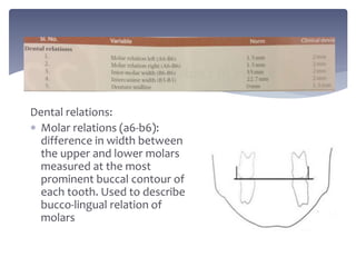 Dental relations:
 Molar relations (a6-b6):
difference in width between
the upper and lower molars
measured at the most
prominent buccal contour of
each tooth. Used to describe
bucco-lingual relation of
molars
 