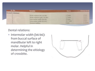 Dental relations:
 Intermolar width (b6-b6):
from buccal surface of
mandibular left to right
molar. Helpful in
determining the eitiology
of crossbite.
 
