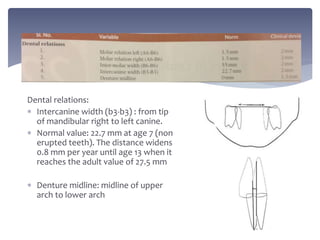 Dental relations:
 Intercanine width (b3-b3) : from tip
of mandibular right to left canine.
 Normal value: 22.7 mm at age 7 (non
erupted teeth). The distance widens
0.8 mm per year until age 13 when it
reaches the adult value of 27.5 mm
 Denture midline: midline of upper
arch to lower arch
 