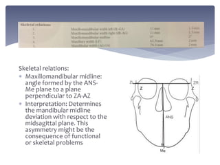 Skeletal relations:
 Maxillomandibular midline:
angle formed by the ANS-
Me plane to a plane
perpendicular to ZA-AZ
 Interpretation: Determines
the mandibular midline
deviation with respect to the
midsagittal plane. This
asymmetry might be the
consequence of functional
or skeletal problems
 