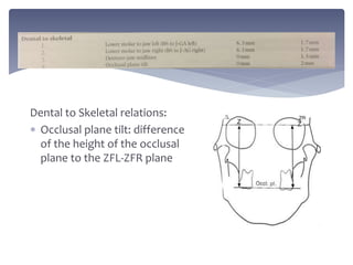 Dental to Skeletal relations:
 Occlusal plane tilt: difference
of the height of the occlusal
plane to the ZFL-ZFR plane
 