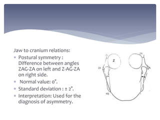 Jaw to cranium relations:
 Postural symmetry :
Difference between angles
ZAG-ZA on left and Z-AG-ZA
on right side.
 Normal value: 0°.
 Standard deviation : ± 2°.
 Interpretation: Used for the
diagnosis of asymmetry.
 
