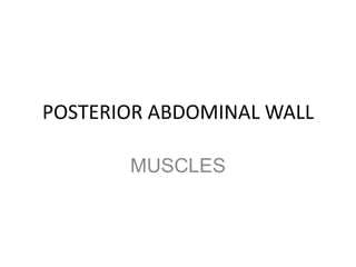 Muscles forming the medial, lateral, inferior, and superior boundaries of the posterior abdominal region fill in the bony framework of the posterior abdominal wall. Medially are the psoas majorand minor muscle, laterally is the quadratuslumborummuscle, inferiorly  is the illiacusmuscle and superiorly is the diaphragm.