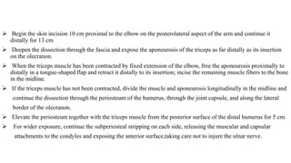  Begin the skin incision 10 cm proximal to the elbow on the posterolateral aspect of the arm and continue it
distally for 13 cm
 Deepen the dissection through the fascia and expose the aponeurosis of the triceps as far distally as its insertion
on the olecranon.
 When the triceps muscle has been contracted by fixed extension of the elbow, free the aponeurosis proximally to
distally in a tongue-shaped flap and retract it distally to its insertion; incise the remaining muscle fibers to the bone
in the midline.
 If the triceps muscle has not been contracted, divide the muscle and aponeurosis longitudinally in the midline and
continue the dissection through the periosteum of the humerus, through the joint capsule, and along the lateral
border of the olecranon.
 Elevate the periosteum together with the triceps muscle from the posterior surface of the distal humerus for 5 cm.
 For wider exposure, continue the subperiosteal stripping on each side, releasing the muscular and capsular
attachments to the condyles and exposing the anterior surface,taking care not to injure the ulnar nerve.
 