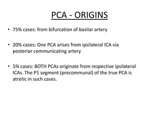 • 75% cases: from bifurcation of basilar artery
• 20% cases: One PCA arises from ipsilateral ICA via
posterior communicating artery
• 5% cases: BOTH PCAs originate from respective ipsilateral
ICAs. The P1 segment (precommunal) of the true PCA is
atretic in such cases.
PCA - ORIGINS
 