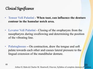 Clinical Significance
• Tensor Veli Palatini - When taut, can influence the denture
contour in the hamular notch area.
• Levator Veli Palatini - Closing of the oropharynx from the
nasopharynx during swallowing and determining the position
of the vibrating line.
• Palatoglossus – On contraction, draw the tongue and soft
palate towards each other and causes lateral pressure to the
lingual extension of the mandibular denture.
Arthur O. Rahn & Charles M. Heartwell, Elsevier, Syllabus of complete dentures,4th edition
2365
 