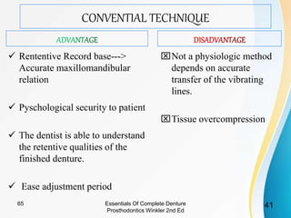 CONVENTIAL TECHNIQUE
 Rententive Record base--->
Accurate maxillomandibular
relation
 Pyschological security to patient
 The dentist is able to understand
the retentive qualities of the
finished denture.
 Ease adjustment period
Not a physiologic method
depends on accurate
transfer of the vibrating
lines.
Tissue overcompression
Essentials Of Complete Denture
Prosthodontics Winkler 2nd Ed
4165
 