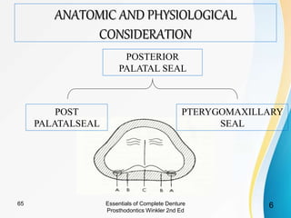 ANATOMIC AND PHYSIOLOGICAL
CONSIDERATION
POSTERIOR
PALATAL SEAL
POST
PALATALSEAL
PTERYGOMAXILLARY
SEAL
Essentials of Complete Denture
Prosthodontics Winkler 2nd Ed
665
 