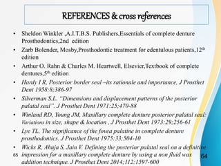 REFERENCES & cross references
• Sheldon Winkler ,A.I.T.B.S. Publishers,Essentials of complete denture
Prosthodontics,2nd edition
• Zarb Bolender, Mosby,Prosthodontic treatment for edentulous patients,12th
edition
• Arthur O. Rahn & Charles M. Heartwell, Elsevier,Textbook of complete
dentures,5th edition
• Hardy I R, Posterior border seal –its rationale and importance, J Prosthet
Dent 1958:8;386-97
• Silverman S.L. “Dimensions and displacement patterns of the posterior
palatal seal”. J Prosthet Dent 1971:25;470-88
• Winland RD, Young JM, Maxillary complete denture posterior palatal seal:
Variations in size, shape & location , J Prosthet Dent 1973:29;256-61
• Lye TL, The significance of the fovea palatine in complete denture
prosthodontics. J Prosthet Dent 1975:33;504-10
• Wicks R, Ahuja S, Jain V. Defining the posterior palatal seal on a definitive
impression for a maxillary complete denture by using a non fluid wax
addition technique. J Prosthet Dent 2014;112:1597-600
6465
 