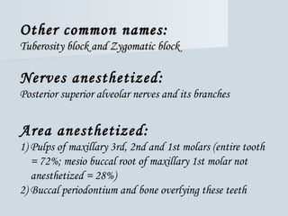 Other common names:Other common names:
Tuberosity block and Zygomatic blockTuberosity block and Zygomatic block
Nerves anesthetized:
Posterior superior alveolar nerves and its branches
Area anesthetized:
1) Pulps of maxillary 3rd, 2nd and 1st molars (entire tooth
= 72%; mesio buccal root of maxillary 1st molar not
anesthetized = 28%)
2) Buccal periodontium and bone overlying these teeth
 