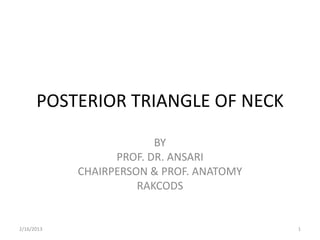 POSTERIOR TRIANGLE OF NECK

                         BY
                  PROF. DR. ANSARI
            CHAIRPERSON & PROF. ANATOMY
                      RAKCODS


2/16/2013                                 1
 
