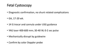 Fetal Cystoscopy
• Diagnostic confirmation, no shunt related complications
• GA, 17-20 wk.
• 14 G trocar and cannula under USG guidance
• YAG laser 400-600 mm; 30-40 W; 0-2 sec pulse
• Mechanically disrupt by guidewire
• Confirm by color Doppler probe
 