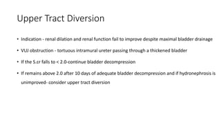 Upper Tract Diversion
• Indication - renal dilation and renal function fail to improve despite maximal bladder drainage
• VUJ obstruction - tortuous intramural ureter passing through a thickened bladder
• If the S.cr falls to < 2.0-continue bladder decompression
• If remains above 2.0 after 10 days of adequate bladder decompression and if hydronephrosis is
unimproved- consider upper tract diversion
 