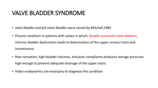 VALVE BLADDER SYNDROME
• valve bladder and full valve bladder were coined by Mitchell,1982
• Chronic condition in patients with valves in which, despite successful valve ablation,
intrinsic bladder dysfunction leads to deterioration of the upper urinary tracts and
incontinence
• Poor sensation, high bladder volumes, and poor compliance produces storage pressures
high enough to prevent adequate drainage of the upper tracts
• Video urodynamics are necessary to diagnose this condition
 