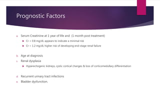 Prognostic Factors
a. Serum Creatinine at 1 year of life and (1 month post treatment)
 Cr < 0.8 mg/dL appears to indicate a minimal risk
 Cr > 1.2 mg/dL higher risk of developing end-stage renal failure
b. Age at diagnosis
c. Renal dysplasia
 Hyperechogenic kidneys, cystic cortical changes & loss of corticomedullary differentiation
d. Recurrent urinary tract infections
e. Bladder dysfunction.
 