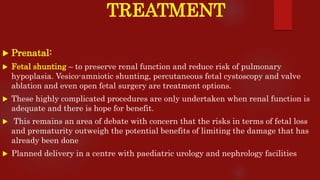TREATMENT
 Prenatal:
 Fetal shunting – to preserve renal function and reduce risk of pulmonary
hypoplasia. Vesico-amniotic shunting, percutaneous fetal cystoscopy and valve
ablation and even open fetal surgery are treatment options.
 These highly complicated procedures are only undertaken when renal function is
adequate and there is hope for benefit.
 This remains an area of debate with concern that the risks in terms of fetal loss
and prematurity outweigh the potential benefits of limiting the damage that has
already been done
 Planned delivery in a centre with paediatric urology and nephrology facilities
 