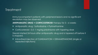 Treatment
Immunocompetent patients with peripheral lesions and no significant
exudation may be observed
ANTIPARASITIC DRUG + CORTICOSTEROID therapy for 5 – 6 weeks
 Antiparasitic drug : Sulfadiazine + Pyrimethamine
 Corticosteroid : 0.5 -1 mg/kg prednisone with tapering dose
Steroid started 24 hours after antiparasitic drug and is tapered off before it
is stopped.
 Intravitreal injection of CLINDAMYCIN + DEXAMETHASONE (single or
repeated injections)
 