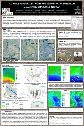 ICE-WEDGE POLYGONAL NETWORKS AND DEPTH OF ACTIVE LAYER THAW,
                                       A CASE STUDY IN SVALBARD, NORWAY
                                                                                                                                                                                                                                                       IVCONFERENCIA
                                                   LOUSADA           M. (1,3),       CARDOSO        M. (2) ,   SARAIVA            J. (1,3),   PINA   P. (1),   VIEIRA      G. (2) CHRISTIANSEN                  H.     H. (3)                           PORTUGUESA
                                                 (1) Instituto       Superior Técnico, Lisboa, Portugal, (2) CEG / IGOT, Lisboa, Portugal, (3) UNIS, Longyearbyen, Norway.                                                                                CIENCIAS
                                                                                                                                                                                                                                                         POLARES

   1.INTRODUCTION
  The Adventdalen valley in Svalbard contains approximately 5 km2 of complex formations of thermal contraction polygon networks.
  To test an eventual relation between the active layer thaw depth and polygon size, a field campaign was made in Adventdalen, on
  August 2012. The aim was to obtain measurements of thaw depth in several transects on a network with a range of different
  polygon sizes and obtain from Kriging, a geostatistical interpolation method, a model of the lower surface of the active layer below
  this network.



   2.METHODS
   In the framework of the ANAPOLIS project [1], 120 networks along the Adventdalen valley were                                                                                                 SURVEY A        87 points with coordinates (x,y,Z)
   digitized in a GIS over images from the Norwegian Polar Institute (NPI), with 4bands, (RGB-NIR) and 20                                                                                       obtained with a DGPS along several transects. On
   cm/pixel of spatial resolution. One network with easy accessibility and considerably varied polygon                                                                                          each coordinated point a measurement of the active
   sizes was chosen to conduct a field survey of the active layer depth. On these data, geostatistics                                                                                           layer depth was made.
   models of interpolation by kriging were applied to obtain a surface the active layer depth.


                                                                                                                                                                                               SURVEY B         Several transects were made with a
                                                                                                   SURVEY A                                              SURVEY B                              DGPS, resulting in 937 coordinated points (x,y,z), to
                                                                                                                                                                                               construct a topographic grid and generate an accurate
                                                                                                                                                                                               Digital Terrain Model of this network.



                                                                                                                                                                                              EQUIPMENT:
                                                                                                                                                                                                                   A                            B                              C




  Digitized Polygons, ArcGis© Desktop                            Active Layer Depth and geolocation (DGPS) Surface topographyy geolocation (DGPS)
          10.0, over NPI Images                                                                                                                                                                A-Active layer probe B- Trimble® base antenna C-Trimble® GPS receptor



 3.RESULTS                                                                 Trend projections of SURVEY A on the Surface (Z) elevation (m)                                                                          SURVEY A
 DTM Generated from SURVEY B, (2m/ pixel)                                                                  a.s.l.




 Profile cuts on active layer depth kriging surface                              Trend projections of SURVEY A on the active layer depth
                                                                                                    measurements (Cm)                                          Ground surface (topography) modeled through ordinary kriging, using the same points of the
                                    C                                                                                                                          figure below, but using the elevation a.s.l. coordinate (Z) from DGPS. The left image shows the
                                                                                           East–West trend line
              A                                                                                                                                                polygons on the network, the image on the right shows the locations of the measurements.



                                                                                                                                                                                                                   SURVEY A


       D                                           B

   A Gaussian model on a variogram of the active layer depth data
             showed an isotropic trend at 320 degrees.
 Areas (m2)of polygons intersecting profiles     A.L. Depths (Cm) extracted from kriging along
                                                 the profiles
               MIN : 20                                         MIN : -0.487
               MAX: 336                   320o                  MAX: -0.367                                           Mean Line
                                                 Count:118
  Count:74     MEAN:89.7                                        MEAN: -0.410
               STD: 51.3                                        STD: 0.025
                                                                                                                    Profile AB
                                          50o
               MIN : 33                                         MIN : -0.655                                        Profile CD
               MAX: 1203                          Count:118     MAX: -0.359
  Count:36     MEAN:205.3                                       MEAN: -0.457
               STD: 226.6                                       STD: 0.073                                                                                     Surface of active layer thaw depth, modeled through kriging, with input of survey A,
                                                                                                                                                               measurements of depth. The left image shows the polygons on the network, the image on
                                                                                                                                                               the right, with shading, is superimposed with the location of the measurements.
4. CONCLUSIONS               Some authors sustain that vegetation cover protects active layer from
thawing [2]. Vegetation mapping and ground–truth (geolocation), were also obtained in this
campaign to construct training areas and perform supervised classifications, these data are still under
analysis. Nevertheless on the field, with a printed unsupervised classification, similar vegetation was                                                         References:
identified in polygons with different sizes. Major differences were found inside ice-wedges where                                                               [1] Pina P., Vieira G., Christiansen H.H., Barata T., Saraiva J., Bandeira L., Lira C., Benavente N., Mora C., Neves
                                                                                                                                                                M., Jorge M., Ferreira A., 2010, Analysis of polygonal terrains on Mars based on Svalbard analogues, LPSC2010-
liquid water was abundant. Vegetation cover on ice-wedge polygons has its influence, nonetheless it’s                                                           Lunar and Planetary Science XLI, Abs #1372, Lunar and Planetary Institute, Houston, TX, USA.
also conceivable there’s a feedback in this process. The time the water takes to infiltrate ice wedges                                                          [2] Tolgensbakk J., Sørbel L., Høgvard K., 2000, Adventdalen, Geomorphological and Quarternary Geological
                                                                                                                                                                map, Svalbard 1:100,000, Spitsbergen sheet C9Q, Norsk Polarinstitutt, Temakart nr. 32.
in the permafrost with a thinner active layer depth must be considerably less than in cases where this
layer is thicker. Meanwhile during the process (thicker layer), more water is retained in the thawed                                                            Acknowledgments: Caixa Geral de Depósitos, Professor Hanne H. Christiansen, The University Centre in
                                                                                                                                                                Svalbard (UNIS) and FCT, ANAPOLIS project PTDC/CTE-SPA/099041/2008.
soil and less water infiltrates in the frost wedge, thus leading to a slower process of contraction.
 