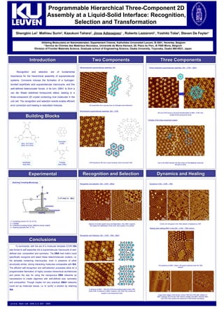 Programmable Hierarchical Three-Component 2D Assembly at a Liquid-Solid Interface: Recognition, Selection and Transformation  Shengbin Lei 1 ,  Mathieu Surin 2 , Kazukuni Tahara 3 ,  Jinne Adisoejoso 1  , Roberto Lazzaroni 2  , Yoshito Tobe 3 , Steven De Feyter 1 1 Afdeling Moleculaire en Nanomaterialen, Departement Chemie, Katholieke Universiteit Leuven, B-3001, Heverlee, Belgium ² Service de Chimiee des Matériaux Nouveaux, Université de Mons-Hainaut, 20, Place du Parc, B-7000 Mons, Belgium 3 Division of Frontier Materials Science, Graduate school of Engineering Science, Osaka University, Toyonaka, Osaka 560-8531, Japan Lei et al.,  Nano. Lett ., 2008, 8,  8 , 2541 - 2546 Recognition and selection are of fundamental importance for the hierarchical assembly of supramolecular systems. Coronene induces the formation of a hydrogen-bonded isophthalic acid supramolecular macrocycle, and this well-defined heterocluster forces, in its turn, DBA1 to form a van der Waals stabilized honeycomb lattice, leading to a three-component 2D crystal containing nine molecules in the unit cell. The recognition and selection events enable efficient error correction and healing in redundant mixtures. Building Blocks To  summarize, with the aid of a molecular template (COR)  ISA  was forced to self-assemble into a supramolecular macrocycle of well-defined size, composition and symmetry. The  DBA  host matrix could specifically recognize and select these heteromolecular clusters, i.e. the template containing macrocycles, even in presence of other structurally similar, strong interacting molecules comparable with  ISA . The efficient self-recognition and self-selection processes allow for a programmable fabrication of highly complex hierarchical architectures and paves the way for using the nanoporous  DBA  networks as nanoreactors to create oligomers with well-defined size, symmetry and composition. Though maybe not very practical,  DBA1  networks could act as molecular sieves, i.e. to ‘purify’ a solution by retaining  ISA .  Introduction Experimental Conclusions Recognition and Selection Dynamics and Healing I x z y HOPG solution monolayer tip I = Tunneling current (10 -10  to 10 -9  Å) V = Voltage  Φ  = Effective tunneling barrier (effective barrier height) s = Spacing (typically few 10 -10 m) Scanning Tunneling Microscopy Coronene (COR) Isophthalic Acid (ISA) Trimesic Acid (TMA) DBA1, R=C10H21 DBA2, R=C12H25 Two Components Three Components Monocomponent supramolecular assembly: ISA ISA assembles into a zig-zag chain by Hydrogen bond interaction Bicomponent supramolecular assembly: ISA – COR  COR transforms ISA into a cyclic hexamer which surrounds COR Three-component supramolecular assembly: ISA – COR – DBA1  ISA and COR induce a structural transformation of DBA1. COR 1 -ISA 6  clusters fill the honeycomb cavity Chirality of the three-component system Due to the offset between the alkyl chains of interdigitating molecules the pore is chiral. Recognition and selection: ISA – COR – DBA2 Majority of cavities appear fuzzy and featureless. Only DBA1 supports the uptake and stabilization of the COR 1 -ISA 6  clusters in its cavities Recognition and Selection: ISA – COR – TMA - DBA1 In absence of DBA1, TMA-ISA-COR forms heteroclusters where TMA hosts COR. In presence of DBA1 however, only COR 1 -ISA 6  cluster are present in the honeycomb voids. Dynamics in ISA – COR – TMA In time, the ISA guest in the TMA network is replaced by COR Healing upon adding DBA1 to the ISA – COR – TMA mixture The presence of DBA1 ‘cleans’ ISA guest molecules from the TMA network Large scale images of the ternary mixture TMA-ISA-COR (left), addition of DBA1 releases ISA from the TMA network (middle) and DBA1 networks filled with COR 1 -ISA 6  clusters are observed at TMA domain boundaries 