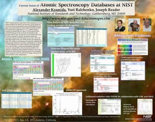 CurrentStatusof                     Atomic Spectroscop' D' tabases at NIST
                                                                             y a
                                              Alexander Kramida, Yuri Ralchenko, Joseph Reader
                                     National Institute of Standards and Technology, Gaithersburg, MD 20899
                                                                 h                                                           /pml/data/atomspec.cfm
NIST's Atomic Spectroscopy Data Center mamtains several
online databases on a tomic spectroscopy. These databases
can be accessed via the physics.nlst.gov/PhysReiData web
page. Our main database, Atomic Spectra Database(ASD)
has recently been upgraded to v. -1.1.1, which contains
critically evaluated data for about 174,000spectrallines                                                                                          ,._ .
and 92,000 energy levels of almost all elements in lhe                                                                                           ·-·
                                                                                                                                                 ·-.
periodic table. A new version 5.0 is to be released !his year.
It will be extended to include the ground stales and                                                                                             ·-
                                                                                                                                                 ·-·
                                                                                                                                                 .. -
                                                                                                                                                 ··-
                                                                                                                                                 ·-
                                                                                                                                                 ==-
                                                                                                                                                 ··-
ionization energies of all elements up to Ds (Z- 110) in all
ionization stages with a new Web interface Cor displaying
                                                                     ..,.._,_
                                                                     ·--
                                                                     """-....."-                 .....,...   .......                             ·-
                                                                                                                                                 ···-
                                                                                                                                                 ·-
                                                                                                                                                 ·-
them . We continue ma intaining and regularly updating our
bibliography databases, cnsu ring comprehensive coverage
of current literature on lltomicspectra, induding energy
                                                                       .....
                                                                     """""'-""-
                                                                     .,......,~

                                                                     T<dhW.m<tJ:
                                                                     ,......"'"'
                                                                                             ~           ~



                                                                                                                                                 ··-
                                                                                                                                                 .........
                                                                                                                                                 ··-
                                                                                                                                                 ·-                                                                                                  "'""''·11(, ....
                                                                                                                                                                                                                                                           ·             ~~·~, ~-- ...           ...
levels, spectral lines, trans ition probabilities, hyperfine                                                                                                                                                                                         tiOo"tli: ""''•!ltn ''"""'~" {otclht,or """"''""'
                                                                                                                                                                                                                                                     , ... .,..,..,.,, 011t ••dolhol(.t•no•l> ~
stru cture, isotope shifts, Zeeman and Stat·k effects. We                                                                                                                                                                                            11- oliosJ IIIII ••~~otttntoul ,.,.,.. ••tl......,
                                                                                                                                                                                                                                                     llo ltlo~ll(lf•tllt~(lll'~"' '~'.,.
continue maintaining ot her popular databascssud1 as the                                                                                                                                                                                             • .,_~tPK1o to1 1no "'-::tA!'Q Clnt tl-o!o;<t"JM!l
                                                                                                                                                                                                                                                     "'"•).l!«ttllt(ll'tlllol".... . ....""*''"'""~····
Handbook of Basic A t·omic Specti'OScopy Da t·a, sea rchable                                                                                                                                                                                         tMto,l,


atlases of spectra of Pt-Nc a nd Th-Nc lnmps, a nd non-LTE
plasma -kinetics cod e comparisons.



                                                                                                                                                                         =7 .. _
                                                                                                                                                                         ___ ..
                                                                                                                                                                         ____
                                                                                                                                                              ....:::: ::.:::...
                                                                                                                                                                         -~-
                                                                                                                                                                         -~-
                                                                                                                                                                         =:.::--.,...,_,_....,_;;;;::
                                                                                                                                                             '"""t.""'

                                                                                                                                                              =.- =::::                                                              ,  -·
                                                                                                                                                                                                                                     __ -
                                                                                                                                                                                                                                        -····
                                                                                                                                                                                                                                        .....
                                                                                                                                                              - i:-"F-                                                                   -·-- .. -
                                                                                                                                                                                                                                            §~;:
                                                                                                                                                                                                                                                     --( _
                                                                                                                                                                                                                                                         -
                                                                                                                                                                                                                                                     ..____
                                                                                                                                                                                                                                                     ·--
                                                                                                                                                                                                                                                     ::=...-=.::::·--




                                                                       s..tl~t1.ll::~ttllmfllt0: T•• IOt', T,• :!Ullt V,N,        ll•IU:~.:m'
                                                                                   ~~_,..,oc.,     ..,oi.,_..OM'O .. .,><nl•,...,..._




                                                                                                                                                                                     ·- - ·-          .... , ...l{o<oo<!O_, .,....
                                                                                                                                                                                     _ , ..... t ......~ ......~·-·" ....




                                                                                                                                                                                     -·
                                                                                                                                                                                     .. ..
                                                                                                                                                                                     -
                                                                                                                                                                                      ,.~




                                                                                                                                                                                     -··(...,   ..
                                                                                                                                                                                              ......,... .
                                                                                                                                                                                     l"'•. l....l"'
 