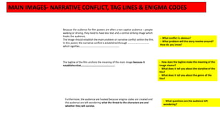 MAIN IMAGES- NARRATIVE CONFLICT, TAG LINES & ENIGMA CODES
Because the audience for film posters are often a non captive audience – people
walking or driving, they need to have less text and a central striking image which
hooks the audience.
The image should establish the main problem or narrative conflict within the film.
In this poster, the narrative conflict is established through …………………………….
which signifies………………………………………………………
The tagline of the film anchors the meaning of the main image because it
establishes that…………………………………………….
Furthermore, the audience are hooked because enigma codes are created and
the audience are left wondering what the threat to the characters are and
whether they will survive.
- What conflict is obvious?
- What problem will the story revolve around?
How do you know?
- How does the tagline make the meaning of the
image clearer?
- What does it tell you about the storyline of the
film?
- What does it tell you about the genre of the
film?
- What questions are the audience left
wondering?
 