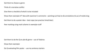 Get them to choose a genre
Think of a narrative conflict
Give them a checklist of what’s to be included
Show them exemplar A* idea with examiner’s comments – pointing out how to do annotations & use of media lang
Get them to do a poster idea – best copy (can practise timed later)
Peer marking using mark scheme in exemplar stuff
Get them to do the Q on plot & genre – use of Todorov
Show them exemplar
Do Q evaluating film poster - use my sentence starters
 