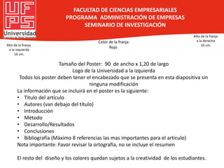 Tamaño del Poster: 90 de ancho x 1,20 de largo
Logo de la Universidad a la izquierda
Todos los poster deben tener el encabezado que se presenta en esta diapositiva sin
ninguna modificación
La información que se incluirá en el poster es la siguiente:
• Título del artículo
• Autores (van debajo del título)
• Introducción
• Método
• Desarrollo/Resultados
• Conclusiones
• Bibliografía (Máximo 8 referencias las mas importantes para el articulo)
Nota importante: Favor revisar la ortografía, no se incluye el resumen
El resto del diseño y los colores quedan sujetos a la creatividad de los estudiantes.
Alto de la franja
a la izquierda
16 cm.
Alto de la franja
a la derecha
10 cm.
Color de la franja
Rojo
FACULTAD DE CIENCIAS EMPRESARIALES
PROGRAMA ADMINISTRACIÓN DE EMPRESAS
SEMINARIO DE INVESTIGACIÓN
 