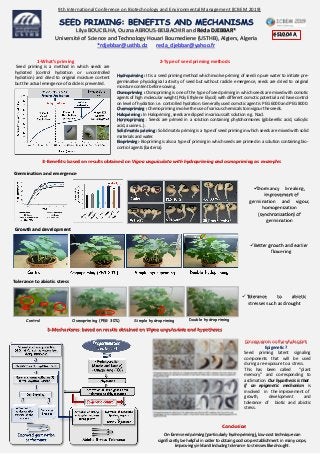 SEED PRIMING: BENEFITS AND MECHANISMS
Lilya BOUCELHA, Ouzna ABROUS-BELBACHIR and Réda DJEBBAR*
Université of Science and Technology Houari Boumediene (USTHB), Algiers, Algeria
*rdjebbar@usthb.dz reda_djebbar@yahoo.fr
9th International Conference on Biotechnology and Environmental Management (ICBEM 2019)
#S1004 A
1-What’s priming
Seed priming is a method in which seeds are
hydrated (control hydration or uncontrolled
hydration) and dried to original moisture content
but the actual emergence of radicle is prevented.
2-Type of seed priming methods
Hydropriming : It is a seed priming method which involve priming of seed in pure water to initiate pre-
germinative physiological activity of seed but without radicle emergence, seeds are dried to original
moisture content before sowing.
Osmopriming : Osmopriming is one of the type of seed priming in which seeds are mixed with osmotic
agents of high molecular weight (Poly Ethylene Elycol) with different osmotic potential and have control
on level of hydration i.e. controlled hydration. Generally used osmotic agent is PEG 6000 and PEG 8000.
Chemopriming : Chemopriming involve the use of various chemicals to invigour the seeds.
Halopriming : In Halopriming, seeds are dipped in various salt solution e.g. Nacl.
Hormopriming : Seeds are primed in a solution containing phytohormones (gibberellic acid, salicylic
acid, auxines…).
Solid matrix priming : Solid matrix priming is a type of seed priming in which seeds are mixed with solid
materials and water.
Biopriming : Biopriming is also a type of priming in which seeds are primed in a solution containing bio-
control agents (bacteria).
3-Benefits: based on results obtained on Vigna unguiculata with hydropriming and osmopriming as examples
Germination and emergence
Growth and development
Tolerance to abiotic stress
Control Osmopriming (PEG 30%) Simple hydropriming Double hydropriming
✓Dormancy breaking,
improvement of
germination and vigour,
homogenization
(synchronization) of
germination
✓Better growth and earlier
flowering
✓Tolerance to abiotic
stresses such as drought
3-Mechanisms: based on results obtained on Vigna unguiculata and hypotheses
Consequences on the whole plant
Epigenetic ?
Seed priming latent signaling
components that will be used
during a re-exposure to a stress.
This has
memory”
been called “plant
and corresponding to
acclimation. Our hypothesis is that
if an epigenetic mechanism is
in the improvement of
development and
of biotic and abiotic
involved
growth,
tolerance
stress.
On-farm seed priming (particularly hydro-priming), low-cost technique can
significantly be helpful in order to obtain good crop establishment in many crops,
improving yield and inducing tolerance to stresses like drought.
Conclusion
 
