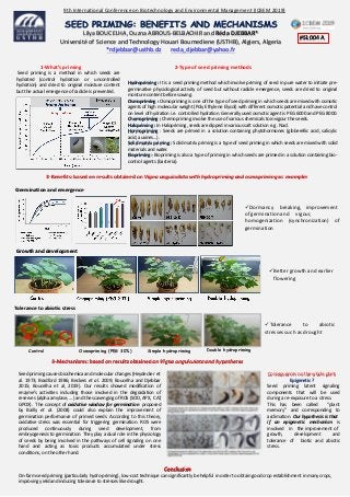 SEED PRIMING: BENEFITS AND MECHANISMS
Lilya BOUCELHA, Ouzna ABROUS-BELBACHIR and Réda DJEBBAR*
Université of Science and Technology Houari Boumediene (USTHB), Algiers, Algeria
*rdjebbar@usthb.dz reda_djebbar@yahoo.fr
9th International Conference on Biotechnology and Environmental Management (ICBEM 2019)
#S1004 A
1-What’s priming
Seed priming is a method in which seeds are
hydrated (control hydration or uncontrolled
hydration) and dried to original moisture content
but the actual emergence of radicle is prevented.
2-Type of seed priming methods
Hydropriming : It is a seed priming method which involve priming of seed in pure water to initiate pre-
germinative physiological activity of seed but without radicle emergence, seeds are dried to original
moisture content before sowing.
Osmopriming : Osmopriming is one of the type of seed priming in which seeds are mixed with osmotic
agents of high molecular weight (Poly Ethylene Elycol) with different osmotic potential and have control
on level of hydration i.e. controlled hydration. Generally used osmotic agent is PEG 6000 and PEG 8000.
Chemopriming : Chemopriming involve the use of various chemicals to invigour the seeds.
Halopriming : In Halopriming, seeds are dipped in various salt solution e.g. Nacl.
Hormopriming : Seeds are primed in a solution containing phytohormones (gibberellic acid, salicylic
acid, auxines…).
Solid matrix priming : Solid matrix priming is a type of seed priming in which seeds are mixed with solid
materials and water.
Biopriming : Biopriming is also a type of priming in which seeds are primed in a solution containing bio-
control agents (bacteria).
3-Benefits: based on results obtained on Vigna unguiculata with hydropriming and osmopriming as examples
Germination and emergence
Growth and development
Tolerance to abiotic stress
Control Osmopriming (PEG 30%) Simple hydropriming Double hydropriming
Dormancy breaking, improvement
of germination and vigour,
homogenization (synchronization) of
germination
Better growth and earlier
flowering
Tolerance to abiotic
stresses such as drought
3-Mechanisms: based on results obtained on Vigna unguiculata and hypotheses
Seed priming causes biochemica and molecular changes (Heydecker et
al. 1973; Bradford 1986; Beckers et al. 2009; Boucelha and Djebbar
2015; Boucelha et al, 2019). Our results showed modification of
enzyme’s activities including those involved in the degradation of
reserves (alpha amylase, ...) and the scavenging of ROS (SOD, APX, CAT,
GPOX). The concept of oxidative window for germination proposed
by Bailly et al. (2008) could also explain the improvement of
germination performance of primed seeds. According to this theory,
oxidative stress was essential for triggering germination. ROS were
produced continuously during seed development, from
embryogenesis to germination. They play a dual role in the physiology
of seeds by being involved in the pathways of cell signaling on one
hand and acting as toxic products accumulated under stress
conditions, on the other hand.
Consequences on the whole plant
Epigenetic ?
Seed priming latent signaling
components that will be used
during a re-exposure to a stress.
This has
memory”
been called “plant
and corresponding to
acclimation. Our hypothesis is that
if an epigenetic mechanism is
in the improvement of
development and
of biotic and abiotic
involved
growth,
tolerance
stress.
Conclusion
On-farm seed priming (particularly hydro-priming), low-cost technique can significantly be helpful in order to obtain good crop establishment in many crops,
improving yield and inducing tolerance to stresses like drought.
 