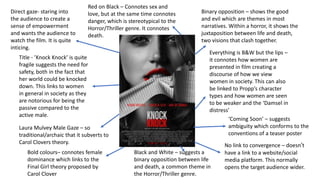Red on Black – Connotes sex and
love, but at the same time connotes
danger, which is stereotypical to the
Horror/Thriller genre. It connotes
death.
Bold colours– connotes female
dominance which links to the
Final Girl theory proposed by
Carol Clover
Title - ’Knock Knock’ is quite
fragile suggests the need for
safety, both in the fact that
her world could be knocked
down. This links to women
in general in society as they
are notorious for being the
passive compared to the
active male.
Direct gaze- staring into
the audience to create a
sense of empowerment
and wants the audience to
watch the film. It is quite
inticing.
Black and White – suggests a
binary opposition between life
and death, a common theme in
the Horror/Thriller genre.
Laura Mulvey Male Gaze – so
traditional/archaic that it subverts to
Carol Clovers theory.
‘Coming Soon’ – suggests
ambiguity which conforms to the
conventions of a teaser poster
Binary opposition – shows the good
and evil which are themes in most
narratives. Within a horror, it shows the
juxtaposition between life and death,
two visions that clash together.
Everything is B&W but the lips –
it connotes how women are
presented in film creating a
discourse of how we view
women in society. This can also
be linked to Propp’s character
types and how women are seen
to be weaker and the ‘Damsel in
distress’
No link to convergence – doesn’t
have a link to a website/social
media platform. This normally
opens the target audience wider.
 
