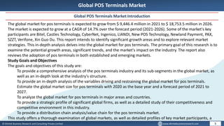 © Dhirtek Business Research and Consulting Private Limited www.dhirtekbusinessresearch.com
Global POS Terminals Market
Global POS Terminals Market Introduction
5
The global market for pos terminals is expected to grow from $ 9,446.4 million in 2021 to $ 18,753.5 million in 2026.
The market is expected to grow at a CAGR of 14.7% over the forecast period (2021-2026). Some of the market's key
participants are Bitel, Castles Technology, CyberNet, Ingenico, LIANDI, New POS Technology, Newland Payment, PAX,
SZZT, Verifone, Xin Guo Du. This report intends to identify significant growth areas and to explore relevant market
strategies. This in-depth analysis delves into the global market for pos terminals. The primary goal of this research is to
examine the potential growth areas, significant trends, and the market's impact on the industry. The report also
reviews the adoption of pos terminals in both established and emerging markets.
Study Goals and Objectives
The goals and objectives of this study are:
To provide a comprehensive analysis of the pos terminals industry and its sub-segments in the global market, as
well as an in-depth look at the industry's structure.
To provide an in-depth analysis of the variables driving and restraining the global market for pos terminals.
Estimate the global market size for pos terminals with 2020 as the base year and a forecast period of 2021 to
2027.
To analyze the global market for pos terminals in major areas and countries.
To provide a strategic profile of significant global firms, as well as a detailed study of their competitiveness and
competitive environment in this industry.
To provide a distribution chain analysis/value chain for the pos terminals market.
This study offers a thorough examination of global markets, as well as detailed profiles of key market participants, a
 