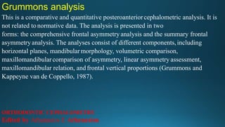 Grummons analysis
This is a comparative and quantitative posteroanteriorcephalometric analysis. It is
not related tonormative data. The analysis is presented in two
forms: the comprehensive frontal asymmetry analysis and the summary frontal
asymmetry analysis. The analyses consist of different components,including
horizontal planes, mandibularmorphology, volumetric comparison,
maxillomandibularcomparison of asymmetry, linear asymmetry assessment,
maxillomandibular relation, andfrontal vertical proportions (Grummons and
Kappeyne van de Coppello, 1987).
ORTHODONTIC CEPHALOMETRY
Edited by Athanasios E Athanasiou
 