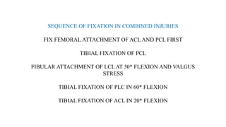 SEQUENCE OF FIXATION IN COMBINED INJURIES
FIX FEMORAL ATTACHMENT OF ACL AND PCL FIRST
TIBIAL FIXATION OF PCL
FIBULAR ATTACHMENT OF LCL AT 30* FLEXION AND VALGUS
STRESS
TIBIAL FIXATION OF PLC IN 60* FLEXION
TIBIAL FIXATION OF ACL IN 20* FLEXION
 