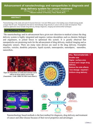 Advancement of nanotechnology and nanoparticles in diagnosis and
drug delivery system for cancer treatment
Ms. Pangavhane V . V . , Ms. Murade P. Gauided By: Chaskar S.G., Wagh G. M.
2 Matoshri Institute of Pharmacy, Yeola, Nashik (M.S.)
ABSTRACT
Why Nanomaterials ?
Smaller size
Higher surface area
Control and t target drug
delivery
Reduce the side effects
 low dosage required 
Uniform drug delivery
The nanotechnology and its advancement have given new direction to medical science the drug
delivery system is highly integrated and requires various desciplines such as chemist, biologist
and enginneers, to joined forces to optimised this system. It is greatly observed that
nanoparticles are promising tools for the advancement of drug delivery, medical imaging and as
diagnostic sensors. There are many nano devices are used in the drug delivery. Examples
micelles, vesicles, dendritic polymers, liquid crystals, nanocapsules, nanoshpere, nanotubes,
nanorobots.
Nanotechnology based methods is the best method for diagnosis, drug delivery and treatment
of cancer and other disease because of their novel properties and advantages
Nanotechnology is the study and used of structure between 1 nm and 100nm.ancer is the leading cause of death among people
younger than 85 years. Nanoparticles that deliver chemotherapy drugs directly to cancer cells are under development. Nano
medicine application areas includes drug delivery, therapy diagnostic, imaging and antimicrobial techniques
 
