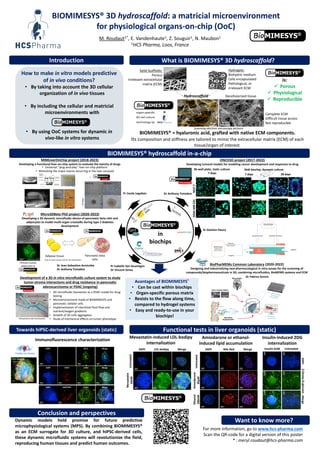 BIOMIMESYS® 3D hydroscaffold: a matricial microenvironment
for physiological organs-on-chip (OoC)
BIOMIMESYS® = hyaluronic acid, grafted with native ECM components.
Its composition and stiffness are tailored to mimic the extracellular matrix (ECM) of each
tissue/organ of interest.
For more information, go to www.hcs-pharma.com
Scan the QR-code for a digital version of this poster
* : meryl.roudaut@hcs-pharma.com
M. Roudaut1*, E. Vandenhaute1, Z. Souguir1, N. Maubon1
1HCS Pharma, Loos, France
Dynamic models hold promise for future predictive
microphysiological systems (MPS). By combining BIOMIMESYS®
as an ECM surrogate for 3D culture, and hiPSC-derived cells,
these dynamic microfluidic systems will revolutionize the field,
reproducing human tissues and predict human outcomes.
How to make in vitro models predictive
of in vivo conditions?
• By taking into account the 3D cellular
organization of in vivo tissues
• By including the cellular and matricial
microenvironments with
• By using OoC systems for dynamic in
vivo-like in vitro systems
Hydroscaffold
Hydrogels:
Biohydric medium
Cells encapsulated
Pathological, or
irrelevant ECM
Solid Scaffolds:
Porous
Irrelevant extracellular
matrix (ECM)
Decellularized tissue
Complete ECM
Difficult tissue access
Not reproducible
Scanning electron microscopy pictures
Towards hiPSC-derived liver organoids (static) Functional tests in liver organoids (static)
DAPI
2-Deoxy-D-glucose
Merge
Untreated
Insulin 6nM
50µm
50µm
50µm
50µm
50µm
50µm
DAPI LDL-bodipy Merge
Untreated
Mevastatin
50nM
50µm 50µm 50µm
50µm 50µm 50µm
Liver organoid
Albumin
Desmin
DAPI
Merge
Amiodarone or ethanol-
induced lipid accumulation
Mevastatin-induced LDL-bodipy
internalization
Insulin-induced 2DG
internalization
50µm 50µm 50µm
DAPI Nile Red Merge
Untreated
50µm 50µm 50µm
Amiodarone
20µM
50µm 50µm 50µm
Ethanol
200nM
Immunofluorescence characterization
Merge
DAPI ZO-1 Merge
50µm 50µm 50µm
50µm 50µm 50µm 50µm
DAPI CD31 LHX2 Merge
50µm 50µm 50µm 50µm
DAPI OATP1B1 LYVE1 Merge
in
biochips
Introduction What is BIOMIMESYS® 3D hydroscaffold?
BIOMIMESYS® hydroscaffold in-a-chip
Avantages of BIOMIMESYS®
• Can be cast within biochips
• Organ-specific porous matrix
• Resists to the flow along time,
compared to hydrogel systems
• Easy and ready-to-use in your
biochips!
Micro3DBeta PhD project (2020-2023)
Developing a 3D dynamic microfluidic device of pancreatic beta cells and
adipocytes to model multi-organ crosstalks during type 2 diabetes
development
MIMLiverOnChip project (2018-2023)
Developing a functional liver-on-chip system to evaluate the toxicity of drugs
• Universal “plug-and-play” liver-on-chip platform
• Mimicking the major events occurring in the liver sinusoid
is:
 Porous
 Physiological
 Reproducible
MCF-7
Hoechst
Calcein-AM
Propidium iodide
MDA-MB-231
200 um
96-well plate, static culture
7 days 7 days 28 days
ONCO3D project (2017-2022)
Developing tumoral models for modeling cancer development and responses to drug
Ibidi biochip, dynamic culture
Primary human
adipocytes in BioPharMEMs Common Laboratory (2020-2022)
Designing and industrializing new pharmacological in vitro assays for the screening of
compounds/biopharmaceuticals in 3D, combining microfluidics, BioMEMS systems and ECM
Development of a 3D in vitro microfluidic culture system to study
tumor-stroma interactions and drug resistance in pancreatic
adenocarcinoma or PDAC (ongoing)
• 3D microfluidic bioreactor as a PDAC model for drug
testing
• Microenvironment made of BIOMIMESYS and
pancreatic stellate cells
• Implementation of interstitial fluid flow and
nutrient/oxygen gradients
• Growth of 3D cells aggregates
• Study of mechanical effects on tumor phenotype
Conclusion and perspectives
Want to know more?
Adipose tissue Pancreatic beta
cells
(Use of smart.servier.com for this illustration)
Louis et al., 2017
Pr Cecile Legallais Dr Anthony Treizebre
Dr Damien Fleury
Dr Fabrice Soncin
Pr Isabelle Van Seuningen
Dr Vincent Senez
Dr Jean-Sebastien Annicotte
Dr Anthony Treizebre
 