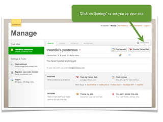 Click on ‘Settings’ to set you up your site
 