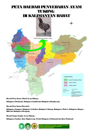 PETA DAERAHPENYEBARAN AYAM
TUKONG
DI KALIMANTAN BARAT
Daerah Penyebaran Aktual Ayam Tukong :
Kabupaten Pontianak, Kabupaten Landak dan Kabupaten Bengkayang
Daerah Penyebaran Potensial :
Kabupaten Sanggau, Kabupaten Sekadau, Kabupaten Sintang, Kabupaten Melawi, Kabupaten Kapuas
Hulu dan Kabupaten Ketapang
Daerah Sangat Langka Ayam Tukong :
Kabupaten Sambas, Kota Singkawang, PesisirKabupaten Pontianak dan Kota Pontianak
Daerah Potensi Aktual Ayam Tukong
Malaysia
Kalimantan Tengah
KalimantanTimur
Kota Pontianak
Kabupaten Bengkayang
Kabupaten Landak
Kabupaten Pontianak
Kota Singkawang
Kabupaten
Sam
bas
Kabupaten Melawi
Kabupaten Sintang
Kabupaten Sanggau
Kabupaten Kapuas Hulu
Kabupaten Ketapang
KabupatenSekadau
Legenda Peta :
Daerah Penyebaran Aktual
Daerah Potensi
Sangat Langka
Dibuat oleh : L. M. Gufroni AR
Tahun Pembuatan : 2005
Sumber : 1. Peta Administrasi Propinsi
Kalimantan Barat, Bappeda Prop.
Kalbar, 2003.
2. Survei Potensi Ayam Tukong
Sebagai Ayam Lokal di Kalimantan
Barat, BPTP Kalbar, 2004.
N
EW
S
KOMDA PLASMA NUTFAH PROV. KALIMANTAN BARAT
BAPPEDA PROVINSI KALIMANTAN BARAT
BPTP KALIMANTAN BARAT
 