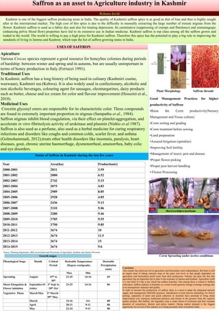 Saffron as an asset to Agriculture industry in Kashmir
Kashmir is one of the biggest saffron producing areas in India. The quality of Kashmiri saffron spice is as good as that of Iran and thus is highly sought
after in the international market. The high cost of this spice is due to the difficulty in manually extracting the large number of minute stigmas from the
flower. Kashmiri saffron is used as a fabric dye and also for treating depression. Its carminative (suppressing of cramps and flatulence) and emmenagogic
(enhancing pelvic blood flow) properties have led to its extensive use in Indian medicine. Kashmir saffron is top class among all the saffron grown and
traded in the world. The world is willing to pay a high price for Kashmiri saffron. Therefore this spice has the potential to play a big role in improving the
standards of living in Jammu and Kashmir, which tops the list of saffron growing states in India.
Rehana Javid
Apiculture
Various Crocus species represent a good resource for honeybee colonies during periods
of hardship: between winter and spring and in autumn, but are usually unimportant in
terms of honey production in Italy (Ferrazzi 1991).
Traditional Uses
In Kashmir, saffron has a long history of being used in culinary (Kashmiri cusine,
wazwaan), Kashmiri tea (Kehwa). It is also widely used in confectionary, alcoholic and
non alcoholic beverages, colouring agent for sausages, oleomargarines, dairy products
such as butter, cheese and ice cream for color and flavour improvement (Hosseini et al.,
2010).
Medicinal Uses
Crocetin glycosyl esters are responsible for its characteristic color. These compounds
are found in extremely important proportion in stigmas (Sampathu et al., 1984).
Saffron stigmas inhibit blood coagulation, via their effect on platelet-aggregation, and
accelerate in vitro fibrinolysis activity of urokinase and plasmin (Nishio et al.1987).
Saffron is also used as a perfume, also used as a herbal medicine for curing respiratory
infections and disorders like coughs and common colds, scarlet fever, and asthma
(Golmohammadi, 2012),treats other health disorders like insomnia, paralysis, heart
diseases, gout, chronic uterine haemorrhage, dysmenorrheal, amenorrhea, baby colic
and eye disorders.
USES OF SAFFRON
Status of Saffron in Kashmir during the last few years
Year Area(ha) Production(t)
2000-2001 2831 3.59
2001-2002 2880 6.52
2002-2003 2742 5.15
2003-2004 3075 4.83
2004-2005 2989 8.85
2005-2006 2928 4.85
2006-2007 2436 9.13
2007-2008 3110 5.06
2008-2009 3280 9.46
2009-2010 3785 9.55
2010-2011 3790 9.85
2011-2012 3674 10
2012-2013 3674 11.5
2013-2014 3674 15
2014-2015 3674 9.6
Source: Planning Department, J&K Government and Directorate of Agriculture, Kashmir and Jammu Divisions
Plant Morphology Saffron threads
Good Management Practices for higher
productivity of Saffron
•Raise the Corm productivity(Nursery
Management and Tissue culture)
•Corm sorting and grading
•Corm treatment before sowing
•Land preparation
•Assured Irrigation (sprinkler)
•Improving Soil fertility
•Management of insect, pest and disease
•Proper flower picking
•Proper post harvest handling
• Flower Processing
Corm Sprouting under invitro conditionsGrowth stages
Phenological Stage Month Critical
Period
Desirable Temperature
(Degree centigrade)
Desirable
Precipitation
(mm)
Max Min
Sprouting August 15th to
30th
23-25 14-16 69
Shoot Elongation &
Flower initiation
September/O
ctober
Ist Sept to
20th Oct
23-25 14-16 86
Vegetative Phase March/May Ist March-
30th May
March 14-16 4-6 88
April 20-21 9-11 88
May 22-24 9-11 88
Conclusion
Our country has achieved a lot in agriculture and horticulture since independence. But there is still
an urgent need of taking concrete steps at the grass root level so that people dependent on
agriculture and horticulture profit more from their professions. Nobody can deny the fact that
agriculture has an important role to play in the economy of Jammu and Kashmir. Agriculture itself
is a vast field. It’s like a tree which has endless branches. One among them is related to Saffron
cultivation. Saffron industry in Kashmir as a result would generate foreign exchange earnings due
to its monopolistic character and quality
In order to increase the productivity of saffron, there is a need to adopt the integrated nutrient
supply and management (INSAM) practices. Introduction of post harvest technology for flower
picking, separation of pistil and quick reduction in moisture have potential to bring about
improvement over strenuous traditional practices and returns to the growers from the superior
quality product. But Saffron, the legendary crop is under threat of extinction and thus warrants
attention of researchers, farmers and policy makers. Strong market demand is the biggest
opportunity for revival of this industry as is being presently done in Kashmir India.
 