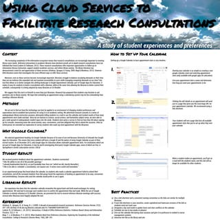 Using Cloud Services to Facilitate
Research Consultations
A study of student experiences and preferences
Context
The increasing complexity of the information ecosystem means that research consultations are increasingly
important to meeting library users needs. Reference interactions in academic libraries have declined overall, yet
in-depth research consultations have not followed that trend (Lederer & Feldmann, 2012). These research
consultations offer important opportunities to follow up on information literacy instruction, support student
academic success, and relieve library anxiety. The library literature has demonstrated a need for and appreciation
of these services (Attebury, Sprague, & Young, 2009; Magi & Mardeusz, 2013). However, little literature exists that
investigates the most efficient ways to offer these services.
Moreover, even as these services become increasingly important, librarians struggle to balance escalating
demands on their time. How can we embrace this expanded role and maintain accessibility to users while
managing competing demands on our time? One tool that allows us to better navigate this shifting landscape is
Google Appointment Calendar, part of Google Apps for Education. It makes it easy for students to book a
consultation with a librarian, while at the same time allowing the librarian to better control their schedule;
consequently it is being adopted by many librarians at CU-Boulder.
We suggest that this tool is of benefit to more than just librarians. Research has proposed that students may
hesitate to ask questions due to library anxiety. We hope that scheduling an appointment using a calendaring
system may be less intimidating than emailing a librarian directly.
Methods
We set out to find out how this technology can best be applied in an environment of changing student
preferences and expectations and to establish best practices for using it in an academic setting. We advertised
research consults in a series of undergraduate library instruction sessions, alternately telling students to e-mail or
use the calendar and tracked results of how many appointments were made and kept. Since we are liaisons to
science, social science, and humanities subject areas, we were able to get a wide spread of undergraduate student
types into the study. Students were given a survey to find out how they felt about signing up for consults,
measuring areas like social anxiety, ease, convenience, and how obligated they felt to attend the sessions. After
an initial period, we extended our exploration to survey students who made any kind appointment with the
librarians.
Why Google Calendar?
We selected appointment booking via Google Calendar because of its ease of use and because University of
Colorado has Google Apps for Education. This means that every student will have a Google ID and the option of
using Google Calendar as part of their normal routine. As of December 2012, only Google Apps for Education
allows claimable appointment slots. For institutions which are not part of Google Apps for Education, it may be
worth investigating third-party Google Calendar apps, some of which are free, or SpringShare’s similar
subscription service, LibCal.
Student Results
We received positive feedback about the appointment calendars. Students commented:
• “I like the ability to see all of the possible openings,”
• “I already bookmarked that bit.ly, so you’ll probably hear from me” (which we did, shortly thereafter).
• “I like to be able to ‘schedule’ a consultation, not request one. It seems more useful and immediate.”
In our experimental group that heard about the calendar, no students who made a calendar appointment failed
to attend their consultation, and all the surveyed students from that group found the experience of booking an
appointment to be easy, convenient, and unintimidating. Everyone who used the calendar would prefer to use it
again.
Librarian Results
Our experience has been that the calendars radically streamline the typical back and forth email exchanges for
setting appointments. We only had to message each student once to confirm the appointment they had made.
While the use of Google Calendar is entirely voluntary at CU Boulder Libraries, we presented the tool to several
reference librarian meetings with success; several other librarians have happily adopted the tool.
How to Set Up Your Calendar
Setting up a Google Calendar to have appointment slots is very intuitive.
1.
2.
3.
4.
Starting your calendar is as simple as
creating a new google calendar event and
selecting appointment slots (only available
with google apps for education).
Give your appointment slots a name and
determine how long you want your
appointments to be.
Clicking the edit details on an appointment
will send you to a page that gives you the
(very long) URL for your appointment
calendar. We recommend using a link
shortener.
Your students will see a page that lists all
available appointment slots that you’ve set up
when they visit your calendar.
When a student makes an appointment, you’ll
get an e-mail with the students name, and
this slot will no longer be available for other
students.
Best Practices
 Use a link shortener and a consistent naming convention so the links are similar for multiple librarians
 If your link shortener is case-sensitive, create capitalized and lowercase versions of the link so students need not
track case
 Designate a day each week to update hours and clear conflicts on the calendar
 Schedule out one to two weeks in advance
 Give out the calendar link during class sessions and give it to professors to embed in course management
systems
 Advertise the link on the library web site
References
Attebury, R., Sprague, N., & Young, N. J. (2009). A decade of personalized research assistance. Reference Services Review, 37(2), 207–220. doi:http://0-dx.doi.org.libraries.colorado.edu/10.1108/00907320910957233
Lederer, N., & Feldmann, L. M. (2012). Interactions: A Study of Office Reference Statistics. Evidence Based Library and Information Practice, 7(2), 5–19.
Magi, T. J., & Mardeusz, P. E. (2013). What Students Need from Reference Librarians: Exploring the Complexity of the Individual Consultation. College & Research Libraries News, 74(6), 288–291.
 