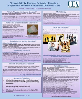 Physical Activity (Exercise) for Anxiety DisordersA Systematic Review of Randomised Controlled TrialsSophie Kennish, MSc Occupational TherapyMethodologyElectronic Literature Review