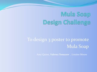 To design 3 poster to promote
                    Mula Soap
    Amy Quinn, Valerey Tomazov , Loraine Moore
 