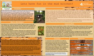 Lets have fun in the mud kitchen!
Introduction Connecting with nature
Assessing Risks
References
For further information please contact Nichola Sharratt at
nsharra1@stu.chi.ac.uk or visit the University of Chichester.
Student Number 1507881
What is a Mud Kitchen?
Adventures within a Mud Kitchen Conclusion
Forest school has many aspects of learning through play and the area
that will be focussed on for this poster will be the mud kitchen.
The mud kitchen is a popular area of play and allows children to play
uses all their senses. This poster is aimed at practitioners within the
early years setting as not all can see the potential in outdoors play
and the learning that takes place through being outdoors and
becoming messy. As Solly (2016) explains that children will interact
different outdoors to when they are within four walls.
Mud kitchen is an area set up as a kitchen within the forest school with
mud, kitchen pots, pans and utensils for play. Knight (2011) suggests that
Earth is everywhere and that mud is many colours and is often a part of
outdoor play. Children often role play in this area and use the mud and
leaves for their creations.
Practitioners and parents of children make their own judgements of a mud
kitchen being too messy to play in but practitioners encourage all outdoor
play with a safe and positive experience. This ties in with the self-efficacy
theory, where Bandura (1977) refers to personal judgements of how well
someone can perform actions in specific situations.
The forest school has a stream that runs alongside the mud kitchen where children
can access water for their play. Which is where the children take delight in adding
water to the earth to form mud (Knight 2011) The children work as a team by tying
rope to a bucket, lowering it into the water to fill the bucket and lifting it back out.
The forest school has many plants and it is important for the children to have
teaching on the berries that are safe to pick and eat in their play. The red and black
berries that grow together can be picked but the red berries that grow on the plant
called the ‘lords and ladies’ cannot be picked as they are poisonous.
These types of play by playing by a stream and picking berries come with risk and
are integrated within the risk assessment
Doherty, J. and Hughes, M (2014) Child Development Theory and Practice 0-11. 2nd Edition.
Harlow: Pearson
Early Education (2012) Development Matters in the Early Years Foundation Stage [online]
http://www.foundationyears.org.uk/files/2012/07/Development-Matters-in-the-Early-Years-
Foundation-Stage.pdf
(Date accessed 28/09/2017)
Early Years Careers (2016) ‘Creating a mud kitchen for your outdoor area ’
http://www.earlyyearscareers.com/eyc/enabling-environment/creating-mud-kitchen-outdoor-area/
(Date accessed 31/10/2017)
Ewer, A.W. 1989 chapter 6 – models and theories in outdoor adventure pursuit in Ewer, A.W.
Hodgson, C. and Bailie, M. (2011) ‘Risk Management’ in Berry, M and Hodgson, C. (Ed)
Adventure Education: An Introduction. London: Routledge, pp 46-62.
Knight, S. (2011) Risk and Adventure in Early Years Outdoor Play: Learning from Forest Schools.
London: Sage Publications Ltd.
Solly,K. (2016) Another World. Nursery World - Early Years in School. pp 14–15.
Mud is a messy play but enabling children to experience this can open their thinking and allow them
to learn through play. Some practitioners struggle with messy play, but with knowledge from the
forest school leader and understanding of the possible risks at the start of every forest school
session, practitioners feel more equipped for the play and children are less likely to become hurt.
Knight (2011) explains that children will learn through trial and error which will inevitably lead to
some risks but with adult supervision this can be kept safe enough so that children still listen and
respect their boundaries.
If it has been raining in forest school, the mud becomes very wet and slippery and the children are
suited in waterproofs and boots to avoid slipping over or getting wet and cold.
Forest school requires practitioners to listen to the forest school rules as well as the children so they
are reminded of how to keep safe within the grounds. It is important that practitioners ask questions
or for help if they are unsure along with the children as this will keep a safe environment for all
adults and children and avoid accidents from occurring.
According to Hodgson and Bailie (2011) Practitioners have to manage and control risks and safety
measures should be implemented. For example, practitioners will have to consider how safe an
area is, even if it initially appears safe. It could be that children are having fun exploring the mud but
rubber mats could be placed down to control the slippery floor; but to also talk about using
equipment safely and the importance for following rules.
In Conclusion, the mud kitchen is a safe but
adventurous environment due to forest school
having regular supervision and risk assessments.
The mud kitchen allows children to be more
expressive in their play in a different environment
which could boost confidence. As is explained by
Solly (2016) that quiet children find ways for
expressing themselves and confident children
become more focused in a less structured space.
 