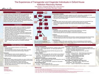 The Experiences of Transgender and Cisgender Individuals in Oxford House
Addiction Recovery Homes
Emily Stecker; Christopher Beasley, PhD; Frank Ponziano
Department of Psychology, Washington College
Emily Stecker
Washington College
estecker2@washcoll.edu
Contact
1. Hotton, A.L., Garofalo, R., Kuhns, L.M., Johnson, A.K. (2013). Substance use as a mediator of the relationship between life stress and sexual risk among transgender women. AIDS Education and Prevention, 25(1): 62-71.
2. Xavier, J., Hitchcock, D., Hollinshead, S., Keisling, M., Lewis, Y., Lombardi, E. (2004) An overview of US trans health priorities: A report by the Eliminating Disparities Working Group. Retrieved from https://www.stdhivtraining.org/resource.php?id=267&ret=clinical_resources
3. Oxford House, Inc. (2011). Oxford House Manual, (4). Silver Spring, MD: Oxford House, Inc.
4. Jason, L.A., Olson, B.D., Ferrari, J.R., & Lo Sasso, A.T. (2006). Communal housing settings enhance substance abuse recovery. American Journal of Public Health, 91: 1727-1729.
5. Jason, L.A., Olson, B.D., Ferrari, J.R., Majer, J.M., Alvarez, J., & Stout, J. (2007). An examination of main and interactive effects of substance abuse recovery. Addiction, 102: 1114-1121.
6. Nagoshi, J.L., Terrell, H.K., Nagoshi, C.T., Brzuzy, S. (2014). The complex negotiations of gender roles, gender identity, and sexual orientation among heterosexual, gay/lesbian, and transgender individuals. Journal of Ethnographic & Qualitative Research, 8(4): 205-221.
7. Pflum, S. R., Testa, R. J., Balsam, K. F., Goldblum, P. B., & Bongar, B. (2015). Social support, trans community connectedness, and mental health symptoms among transgender and gender nonconforming adults. Psychology Of Sexual Orientation And Gender Diversity, 2(3), 281-286. doi:10.1037/sgd0000122
8. Regier, D. A., Farmer, M. E., Rae, D. S., Locke, B. Z., Keith, S. J., Judd, L. L., & Goodwin, F. K. (1990). Comorbidity of Mental Disorders With Alcohol and Other Drug Abuse. Journal Of The American Medical Association, 264(19), 2511.
9. Reyes, M. S., Alcantara, A. E., Reyes, A. C., Yulo, P. L., & Santos, C. P. (2016). Exploring the link between internalized stigma and self-concept clarity among Filipino transgenders. North American Journal Of Psychology, 18(2), 335-344.
References
This study aimed to understand the experiences of transgender (male
to female) individuals and cisgender men living together in two
Hawaiian Oxford Houses. Semi-structured interviews of seven
transgender women and seven cisgender men were conducted. We
used descriptive phenomenology to analyze the data in MaxQDA.
Particularly interesting and salient themes include empowerment and
familial connections with house. Additionally, both groups of participants
followed similar paths in addiction and recovery.
Abstract
Seeking normalcy/stability
• P3 (t-girl) “I move[d] into the house because I wanted to make a change.”
• P9 (t-girl) “I knew I needed help and…so I tried to get myself into a
treatment center.”
• P13 (male) “I already knew basically that there were gonna be rules
and…I was just all up for it.”
Sobriety is priority
• P3 (t-girl) “We’re all here to get sober. We’re all here to do our footwork.”
• P10 (male) “…we’re all addicts so we all—you know—share the same
problem and,…we call each other on our shit and…we help out each
other whenever we can.”
Depending on consequences to maintain sobriety
• P2 (t-girl) “…what has really kept me sober is just knowing that I could not
fake being high in front of these people…”
• P11 (male) “…if I didn’t get into trouble, I wouldn’t be in this position…”
Mentoring/helping others
• P7 (t-girl) “I can help my sisters here, too.”
• P12 (male) “…now I’m someone who gives social support.”
Experiencing mutual acceptance
• P2 (male) “…every guy that’s in [Oxford House] has accepted every
transgender individual or homosexual individual that’s been in this house.”
• P3 (t-girl) “The straight males treat me at me.”
• P5 (t-girl) I get the same respect back as how I give them.”
Feeling stable
• P1 (t-girl) “To tell you the truth…Oxford Houses are a save haven…”
• P3 (t-girl) “…everything is just…coming back together again.”
• P12 (male) “…I’ve got nothing to worry about…”
Experiencing familial connection with house
• P1 (t-girl) “…they call us auntie.”
• P5 (t-girl) “We’re all like a secondary family…”
• P10 (male) “They are just like my sisters.”
More acceptance in Hawaii than other parts of U.S.
• P2 (male) “…I’d say Hawaii is a state…where we’re more
understanding…than on the mainland.”
• P9 (t-girl) “…I guess in Hawaii they’re more understanding.”
Introduction
Method
• Audio-recorded telephone interviews up to one hour long
• Snowball sampling
• The two participating Oxfords were given coffee makers worth $60
• Data analyzed using descriptive phenomenology in MaxQDA
Participants
• Seven transgender women and seven cisgender men
• Current and former residents of two specific Oxford Houses in Hawaii
which are known for accepting transgender individuals
Protocol (sample)
• What was your support network like before you came to Oxford house?
• What were your thoughts and feelings as you decided to join the house?
• What was your initial experience in Oxford House like?
• What do you think are some of the reasons why transgender
individuals may or may not be coming to Oxford House? (Reasons
they may, reasons they may not)
Methods and Materials
Connectedness & Stability
• Higher levels of general social support (cisgender and LGBT communities) is correlated with fewer
symptoms of depression and anxiety,7 which are comorbid to substance dependence.8
• Male-to-female transgender individuals also benefit from community connectedness within the transgender
community in terms of mental health.7
Ideal Self
• Transgender women view the roles of women in society as being nurturers and communicators,6 and
Oxford House may give them opportunities to reinforce those traits within the household.
• Evidence exists suggesting that higher self-concept reduces internalized stigma in transgender
individuals.9
Discussion
Implications
• Transgender women and cisgender men go through similar experiences in recovery.
• Both groups may benefit from living together in a structured environment.
• A sense of family within the home may lead to reinforcement of positive self-concept.
Limitations
• A test of reliability was not conducted.
• Interviews conducted with ageneral thematic foundation; analyses employed descriptive phenomenology.
• The small sample size and use of only Hawaiian houses limits the generalizability of the results.
Future Directions
• Quantitative validation of the results, specifically in terms of connectedness and familial relations.
• Comparison of transgender women living in female recovery homes and those living in male homes.
Conclusions
• Substance abuse is a health concern for transgender individuals.1
• Service provider insensitivity and gender policies are barriers to
transgender addiction service seeking and provision.2
• Oxford Houses are democratic, self-run addiction recovery homes
that house a minimum of six same-sex residents.3
• Those living in Oxford Houses for 6+ months after treatment were
less likely to relapse, be incarcerated, and be w/o employment as
compared with those not in OH.4
• Although much is known about the effectiveness of OH and its
mechanisms,5 less is known about cultural differences in the Oxford
House experience, such as with transgender issues.
• Transgender women in the Oxford House program must live in male
houses, because these women are considered biologically
male.
Results
Chart 1. Flowchart detailing the relationships between
salient themes. Lighter-colored boxes signify
experiences that are more prevalent among transgender
women than cisgender men.
 