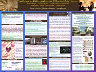 Project Description:   This advocacy project concerns implementing service-learning, in order to overcome the challenges involved in educating urban African American students.  According to Landsman’s and Lewis’ White Teachers/Diverse Classrooms (2006), there are many factors working together to produce lack of motivation in learning and low academic achievement.  Price (2006) depicts service-learning as a solution to raise academic achievement and interest.  Service-learning is a partnership between a community representative and the classroom that works to identify a community problem, and solve the problem as students learn academics and life-lessons along the way.  The effects of service-learning include higher academic interest and performance especially among African American students, more empowered youth, encouragement to community service workers, and one less community-wide problem (Price, 2006).  The purpose of this project is to compile evidence for the viability of service-learning as a solution to many problems in urban African American schools and to inform educators of these results.    Historical Context:  According to Kessinger (2004), service-learning began with ideas from the NEA’s Cardinal Principles, ideas of John Dewey, and the Southern Regional Education Board.  Service-learning was first popular among college campuses.  National support and organization for service-learning programs has existed for the last few decades (Kessinger, 2004). Current Policy:  Kessinger (2004) states that currently, the federal government   provides Learn and Serve America, a portion of the Corporation for National Service.  Learn and Serve America, as well as its state divisions offer funding, training, and guidance to schools and communities interested in undergoing service-learning projects (The Georgia Commission for Service and Volunteerism, 2010).  Numerical Data:  Under Learn and Serve Georgia, there are 4 groups and 8 schools receiving support for service-learning projects.  Only 2 of these schools are located in urban areas. A study by Soslau and Yost (2007) showed that service-learning increased academic performance in math by 16% as compared to 10% in a traditional class and increased performance in reading by 6% compared to a 2% increase in a traditional class.  The service-learning class also had a 2% higher attendance rate, a 15% higher incidence of making real world connections, and 50% less suspensions than the control class (Soslau & Yost, 2007).  This study and others show that service-learning is a viable solution to increase academic interest and performance in urban African American schools. Transforming the 21st Century Educator:  CRT Essentials for Today’s Classroom  Andrew Anglin ~ Christina Bernal ~ Kelly Fuechsel ~ Katrina Gotts  Kelly Stewart ~Tireon Tilley Andrews ~ Tiffany Tolliver  Mercer University Tift College of Education – Atlanta Campus EQUITY PEDAGOGY ,[object Object],[object Object],[object Object],[object Object],CROSS-CULTURAL COMMUNICATION CULTURAL IMMERSION PROJECT HIGHLIGHTS & PHOTOS Our group visited St. Joseph Maronite Church on March 6, 2011. This branch of Catholicism came out of Syria in the 5 th  century A.D. and is based on the priest Maron. St. Joseph’s Maronite Church follows a very traditional, ceremonial faith, and the services are given in Aramaic. The current church is a renovated home in Little Five Points which was purchased in 1954 and serves a Lebanese community, with members coming from as far away as Macon each Sunday. As the congregation entered the sanctuary each would anoint himself with holy water and kneel before taking a seat. A solo organist played as a Lebanese woman sang in traditional Lebanese. Our Sunday service celebrated the advent of lent and focused on giving your life over to God. More than just giving up one food or drink for lent, Father Dominique Hanna asked his followers to give up their worries and stress, and to allow God to guide their lives. This experience was transformational and culturally enriching, in that we were able to observe this sacred event as outsiders, unfamiliar with the language and practices of the majority. I AM POEMS & WORDLE IMAGES ,[object Object],[object Object],[object Object],[object Object],[object Object],[object Object],[object Object],[object Object],[object Object],[object Object],[object Object],CLASS ADVOCACY PROJECT:   DESCRIPTION, HISTORICAL CONTEXT CULTURAL MUST DO/SEE IN ATLANTA PREJUDICE REDUCTION CONTACT INFORMATION Atlanta History Center : Exhibits featuring the Civil War, African-American,  and Southern heritage Hammonds House Galleries :  Features African-American art Martin Luther King, Jr. National Historic Site Michael C. Carlos Museum at Emory University : Features ancient artifacts from Rome, Egypt, and the American Renaissance William Breman Jewish Heritage Museum The Apex Museum :  African-American Panoramic Experience Jimmy Carter Museum Goethe Zentrum/German Cultural Arts Center Atlanta:  Discover Germany’s cultural, political and social history The Wren’s Nest :  Home of Joel Chandler Harris (author of Uncle Remus stories) Atlanta Cyclorama and Civil War Museum What's Your Communication Style? Asian:   Silent and Thoughtful; Very formal; Diplomatic Indigenous:   Undivided attention; face the speaker; no direct eye contact; shared time in conversation Hispanic:   Joking and Humorous; Diplomatic and tactful Afrocentric:   Expressive; Frank; close proximity; no direct eye contact Eurocentric:   Indirect to avoid confrontation or hurt feelings PEDAGOGICAL PRACTICE In the classroom, teachers can make the curriculum more diverse by implementing a variety of resources and materials that validate every student. Teachers can celebrate diversity in the classroom by taking pieces from every student’s background and implementing those diverse qualities into lesson plans, and in turn, allowing the student to share his or her experiences with the class.  APPROACHES TO MULTICULTURAL EDUCATION Contribution  - Adding People, Holidays, Heroes, and Special Events to the curriculum. Additive  - Without changing curriculum, the teacher adds literature to the curriculum which shows perspectives from diverse groups. Transformation  - The teacher would change the curriculum and view events from the minority perspective. Social Action  - After learning about a unit, the students would take  action and write representatives on how they view current policies towards specific events. TENETS OF MULTICULTURAL EDUCATION VALIDATING : In what ways is my teaching  validating ? How  am I  using cultural  knowledge, prior experiences, frames of reference, and performance styles of diverse students to make learning encounters more relevant and effective for them?  COMPREHENSIVE : In what ways is my teaching  comprehensive ? Am I using instructional approaches with their ethnic groups and communities? How do I encourage them to develop a sense of community, friendship, and shared responsibility…to acquire an ethic of success? Are expectations and skills interwoven throughout the curriculum?  Does my instruction help them internalize the value of learning as communal, reciprocal, and interdependent?  MULTIDIMENSIONAL:  In what ways is my teaching multidimensional? How can I better collaborate on content, learning contexts, classroom climate, student-teacher relationships, instructional techniques, and performance assessments in order to provide a more integrated and interdisciplinary experience for the students ?  EMPOWERING : In what ways is my teaching  empowering ? Do I enable students to become academically competent and confident? Is my instruction participatory, problem-based, dialogic, active, critically analytical and inquiring?  TRANSFORMATIVE : In what ways is my teaching  transformative ? How do I guide students in developing the knowledge, skills, and values needed to become social activists?  EMANCIPATORY : In what ways is my teaching  emancipatory ? How can I encourage students to find their voices, to contextualize issues in multiple cultural perspectives, to engage in multiple ways of knowing and thinking? Do I help them become more active participants in shaping their learning?  Banks, J.A. (1999).   An Introduction to Multicultural Education  (2nd ed.). Boston: Allyn and Bacon Daniel Tatum, B. (2003).  Why are all the black kids sitting together in the cafeteria?&quot;: a psychologist explains the development of racial identity . New York, NY: Basic Books. Darling-Hammond, L. (2010).  The flat world and education: how America’s commitment to equity will determine our future . New York, NY: Teachers College Press. Kessinger, T. A. (2004). Service-learning in the United States: Ten years after the national and community service trust act of 1993.  American Educational History Journal, 31 (1), 58. Retrieved from  http://search. proquest.com/docview/230048811?accountid=12382   Pikulski, J. (2010).  Multicultural Instruction.  Lesson Sense.Com.  Retrieved April 18, 2011, from  http://www. lessonsense.com/info/multicultural-instruction.html Price, V. C. (2006). How can service-learning increase the academic achievement of urban African American students? In J. Landsman & C. Lewis (Eds.),  White teachers/diverse classrooms: A guide to building inclusive schools, promoting high expectations, and eliminating racism  (pp. 265-285). Sterling, VA: Stylus Publishing, LLC. Soslau, E. G., & Yost, D. S. (2007). Urban service-learning: An authentic teaching strategy to deliver a standards-driven curriculum.  The Journal of Experiential Education, 30 (1), 36. Retrieved from  http://search.proquest.com/docview/ 274969488?accountid=12382   The Georgia Commission for Service and Volunteerism (2010). Learn and serve Georgia. Atlanta, GA: The Georgia Commission for Service and Volunteerism. Retrieved from  http://www.learnandservega.org/   Thombs, M., Gillis, M., & Canestrari, A. (2009).  Using web quests in the social studies classroom: a culturally responsive approach.  Thousand Oaks, CA: SAGE.  Williams, D. (n.d.). Beyond the golden rule:  a parent’s guide to preventing and responding to prejudice.  Retrieved from  http://www.tolerance.org/publication/beyond-golden-rule/beyond-golden-rule   Images retrieved from Google Images, 4/14/11 - 4/20/11 ORAL HISTORY INTERVIEW HIGHLIGHTS CULTURALLY RESPONSIVE CRITICAL THINKING QUESTIONS CURRENT POLICY & NUMERICAL DATA Arthur Aveling on Becoming a United States Citizen at 60 Q:  What does it mean to you to be an American? A:  I was brought up as an Australian.  In my life I have been fortunate  to have travelled to 5 continents and many countries in between, having lived in Australia, Europe, Asia, Middle East and the USA.  Life’s  experiences have resulted in my seeing the best and worst in countries and cultures. There are an innumerable number of benefits America  offers and why millions everywhere still want to come here. I have been incredibly fortunate to live the American dream…having lived here for the past 23 years, marrying my beautiful American wife and building a successful business with a worldwide customer base. On July 22 nd  2008, after 20 years in the United States, I proudly took the Oath of Allegiance and became a US citizen. It was one of the happiest days of my life. The freedom and opportunities the United States…offers to all, are two immeasurable treasures that I never take for granted. And we… as Naturalized Citizens, probably appreciate this country’s assets and values more than most. ,[object Object],[object Object],[object Object],[object Object],[object Object],RESOURCES AND REFERENCE LIST *How have your life experiences molded who you are and how will you use those experiences in the classroom in order to enrich each child’s life?  * Each day brings opportunity for reflection and growth. How can we as teachers ensure that reflection will be a major component in our teaching? How will you commit to incorporating reflection into your personal growth as an educator? * Incorporating culturally relevant material into the classroom takes time and effort. How will you ensure that each student is validated in terms of race, ethnicity, gender and class? How will you fashion your teaching style so that the classroom environment is open and conducive to culturally relevant discussions?  * Becoming your best requires a continuous capacity for learning and evolving. How will you encourage your students to be open to change, and to embrace the concept of being a life-long learner? * In terms of validating each child’s life experience, including your student’s families is extremely important. How will you ensure that each family feels connected to the classroom experience?  I am from aunties, uncles, cousins.  I am from Grandma's house.  I am now the educator, transformed to transform.  I am now the educator, validated to validate. TA   I am now more aware and appreciative of my privileged, ideal upbringing.  I am now speaking English, teaching my kids Spanish, and realizing that  we all NEED to grow in our knowledge and understanding of other cultures I am from bedtime stories, “Good job,” and “What a smart girl!”  I am from speaking English and trying Spanish. KS I AM NOW a soulja sista who rocks my beautifully curled hair natural, I AM NOW soulja sista who uses my life as testimony. I AM FROM the motherland, yet my last name comes from my  ancestors’ slave master Mr. White Man, I AM FROM hide-and-seek, hopscotch, baseball, kickball, volleyball, Uno, Candyland, racing go carts and bicycles, Starter Jackets,  and LA Gear Light-up Shoes. TT I’ve always had beliefs but  I am now  a voice for my beliefs.  I’ve always been given opportunities but  I am now  a giver of them.  I am from  arroz con pollo and fried chicken.  I am from  the same friends since preschool and kindergarten. CB I am now more in tune to the importance of bringing culturally relevant information and materials into the classroom so all students  feel validated and are exposed to many perspectives, ideologies, cultures and beliefs. I am now aware that my job as a teacher is to not just give lessons and information, but to help each child find his or her voice, and  help them build the confidence to use it.  I am from not having a television and feeling like one of the “have not’s” as a child.  I am from the belief that there is nothing better than family, great friends, stimulating conversation, and red wine. KG   I am from friendly suburban neighborhood schools near a big exciting city, I am from returning, rebuilding and learning the importance of community, I am now encouraged by the commitment to reform I see in my classmates, I am now more aware of the diverse needs of my future students. KF I am now a culturally responsive student and educator,  I am now learning how to diversify in learning styles.  I am from a good mistake,  I am from Plato, Socrates, and Aristotle. AA FLAT WORLD  CONTENT MENU Andrew Anglin  http://tinyurl.com/ANGLINEDUC625SP11 Christina Bernal  http://tinyurl.com/BERNALEDUC625SP11   Kelly Fuechsel  http://tinyurl.com/FUECHSELEDUC625SP11   Katrina Gotts  http://tinyurl.com/GOTTSEDUC625SP11   Kelly Stewart  http://tinyurl.com/STEWARTEDUC625SP11   Tireon Tilley Andrews  http://tinyurl.com/TILLEYEDUC625SP11   Tiffany Tolliver  http://tinyurl.com/TOLLIVEREDUC625SP11   