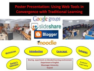 Poster Presentation: Using Web Tools in
 Convergence with Traditional Learning




        Introduction                   Concept


       Sharing experiment on blended learning environment
                      Department of English
                      Bhavnagar University
                            Gujarat
 