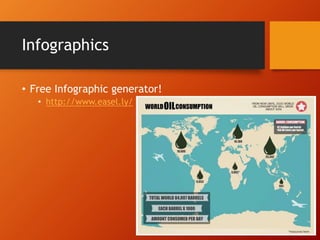 Infographics 
• Free Infographic generator! 
• http://www.easel.ly/ 
 