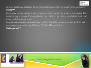 Un grupo de alumnas del aula del IES Can Balo os piden colaboración para apadrinar un chimpancé.
CÓMO????
Recolectando móv...