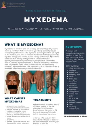 Rarely found, but life-threatening.
MYXEDEMA
I T I S O F T E N F O U N D I N P A T I E N T S W I T H H Y P O T H Y R O I D I S M .
WHAT IS MYXEDEMA?
Myxedema is another term for severely advanced hypothyroidism.
This is a condition that occurs when your body doesn’t produce
enough thyroid hormone. The thyroid is a small gland that sits right
at the front of your neck. It releases hormones that help your body
regulate energy and control a wide variety of functions. Myxedema
is the result of having undiagnosed or untreated severe
hypothyroidism.Severely advanced hypothyroidism can lead to
what is called a myxedema crisis, a medical emergency. While the
term “myxedema coma” used to describe this life-threatening
situation, “myxedema crisis” has replaced it, as a comatose state is
no longer required to diagnose the condition.
SYMTOMPS
intolerance to cold
tiredness
weight gain
drooping eye
shock
decreased
breathing
confusion
apathy or
depression
psychosis
constipation
coarse hair
goiter
low energy
seizures
reduced mobility
coma
low body
temperature
A person with
myxedema may notice
swelling in their face,
legs, or tongue. Their
skin may also become
dry and pale.
Other symtomps
WHAT CAUSES
MYXEDEMA?
an autoimmune condition,
including Hashimoto’s thyroiditis
surgical removal of your thyroid
radiation therapy for cancer
certain medications, such as
lithium or amiodarone (Pacerone)
iodine deficiency or an excess of
iodine
pregnancy
immune system medications, like
those used in cancer treatment
TREATMENTS
Hypothyroidism is treated with a
synthetic version of the T4
thyroxine hormone called
levothyroxine. This restores T4
hormone levels and can help
relieve associated symptoms.
A person who recovers from
myxedema will need to continue
to take medication, probably for
the rest of their life.
นาย สิรวิชญ์ กิจนพ เลขที 42 ห้อง 155
.fBYBB↳←q••RBBpG
 