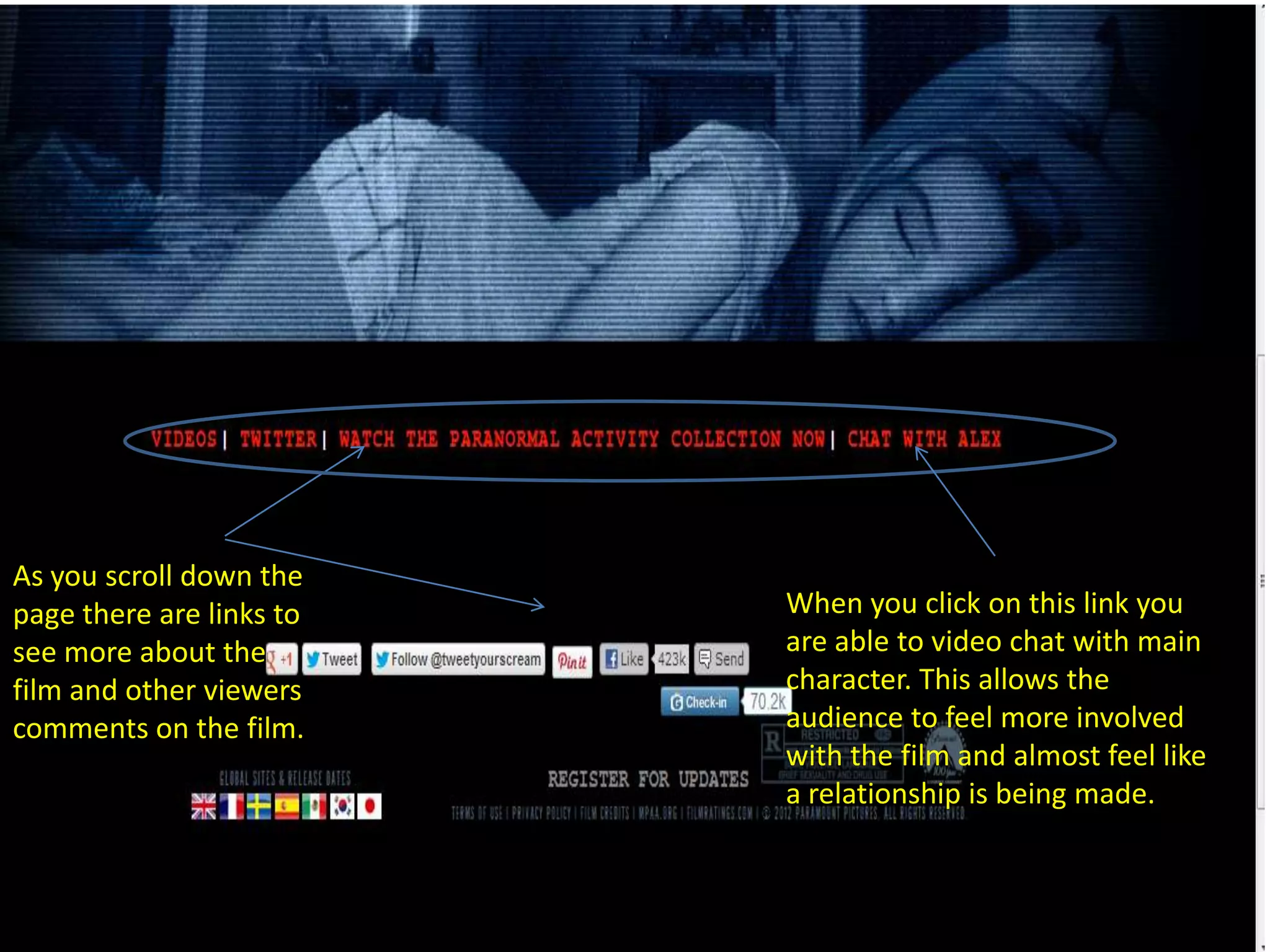 As you scroll down the
page there are links to   When you click on this link you
see more about the        are able to video chat with main
film and other viewers    character. This allows the
comments on the film.     audience to feel more involved
                          with the film and almost feel like
                          a relationship is being made.
 